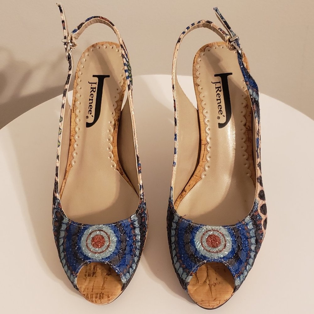 J Renee Peacock Print Cork Heels